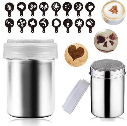 SRUIHAX Powder Coffee Shaker Sets with Lid & Mesh,Stainless Steel Shaker and 16 Pieces Coffee Stencils Latte Art,for Cappuccino Cinnamon Cake Bread,Small
