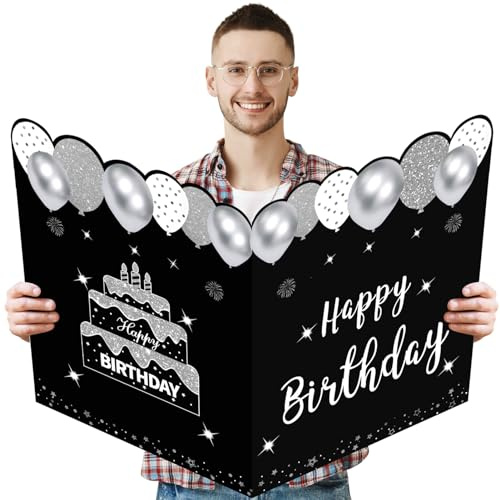 Carte d'anniversaire Jumbo avec enveloppe, livre d'or géant, cartes de vœux d'anniversaire, grande carte d'anniversaire, fournitures de fête, noir, blanc, argent, très grande décoration de carte