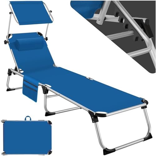TecTake® Lettino Prendisole Pieghevole, Telaio in Alluminio, Schienale Regolabile in 6 Posizioni, Lettino Sdraio con Tetto Parasole e Comodo Cuscino, Ideale per Giardino e Campeggio - Blu