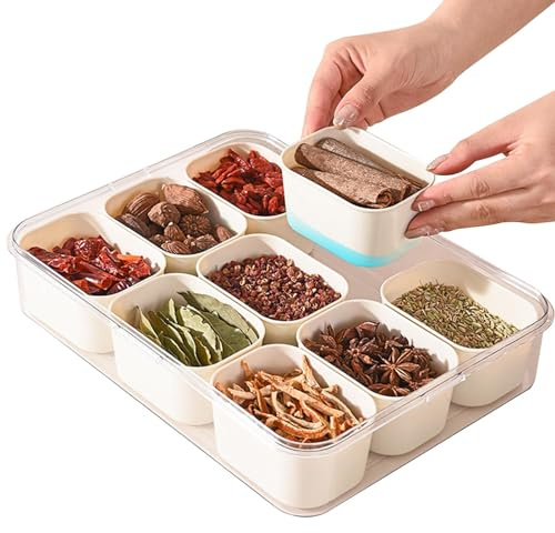 Shitafe Boîte à condiments à 9 compartiments, boîte de rangement à 9 compartiments | Récipient d'assaisonnement de cuisine | Mallette de rangement de cuisine avec couvercle et cuillère pour cannelle