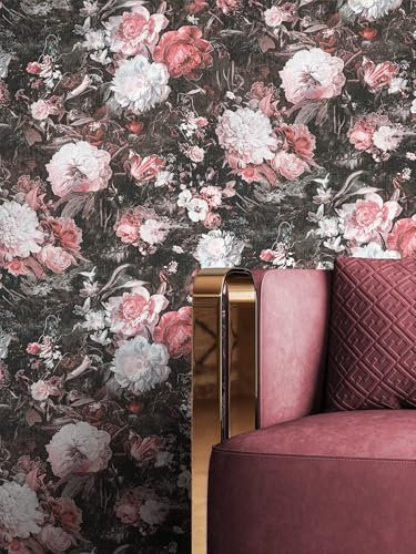 NEWROOM Tapete Rosa Vliestapete Blumen - Blumentapete Floral Rot Schwarz Rosen Pfingstrosen Rosentapete Romantisch Vintage Klassisch inkl. Tapezier-Ratgeber