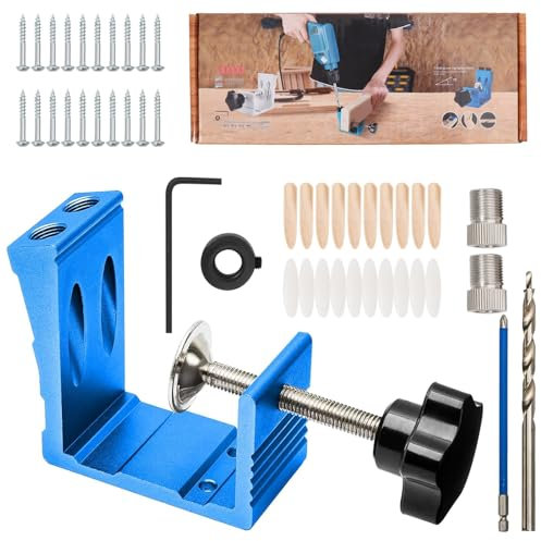 Pocket Hole Jig Kit - 48Pcs Woodworking Dowel Jig Kit with 15 Degree Drill Guide Joint Screw Kit All-in-One DIY Woodworking Punch Locator Set Carpentry Adjustable Dowel Drill Joinery Screw