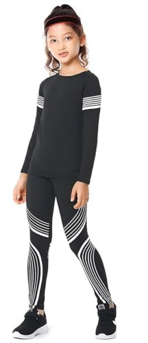 linboo Kinder Trainingsanzug Jungen Sport Set Trikots Schnelltrocknend Jogginganzug Mädchen Laufen Yoga Basketball Fußball Activewear-sets Langarm, 2-tlg Schwarz/Weiß, 134-140(Herstellergröße: 140)