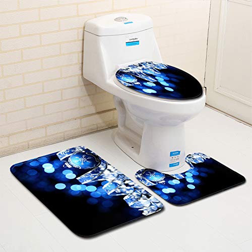 Bad Teppiche Set Schwarzer Blauer Ball Badezimmerteppich Waschbar WC Vorleger mit Ausschnitt und WC Deckelbezug 3 Teilig Badematte rutschfest Toilettensitzbezug Badgarnitur 50x80 cm
