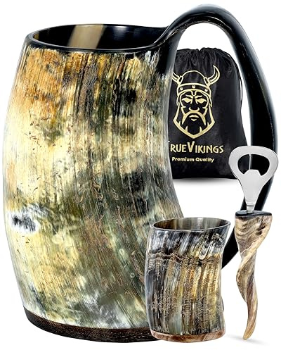 TrueVikings Drinking Horn Mug Set with Shot Glass and Bottle Opener, Authentic Handmade Ox Horn Cup, 16-20 oz, Natural Polished, Viking Gifts for Men (Plain)