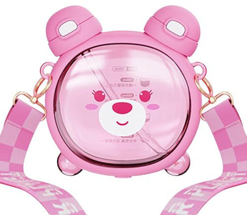 Yplkm Kaw-aii Bär Wasserflasche,750 Ml Kinder Trinkflasche Auslaufsicher Trinkflasche Mit Strohhalm Tragbare Cartoon Trinkflasche Mit Verstellbarem Schultergurt Für Kindergarten, Schule