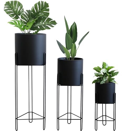 TRIROCKS 3er-Set Pflanzgefäße mit Ständer Moderne Blumentöpfe für Zimmerpflanzen 73 & 55 & 30 cm Hoch Outdoor für Wohnzimmer Küche Büro Garten Balkon Terrasse Dekoration (Schwarz)