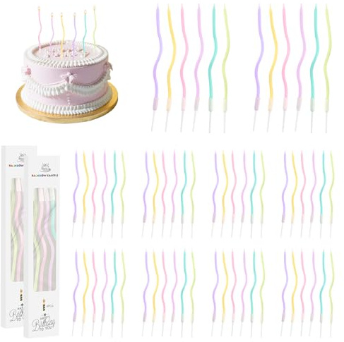 Funtery 60 Stück Geburtstagskerzen, Gebogen Geburtstag Kerzen Spiral Kuchen Kerzen mit Halter, Kinder Geburtstagskerzen für Torte, Hochzeit Party Dekoration