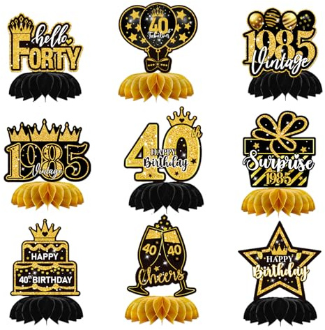 Birthday Table Decorations, 9 Pcs Black and Gold Honeycomb Centerpieces Cake Toppers Table Decor for Men Women Birthday Party (Black Gold 40th Table Decorations)