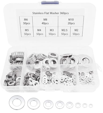 Flat Washers, 360PCS Flat Fender Washers Assortment Set, Stainless Steel Silver Metal Washer for Screws & Bolts with 8 Sizes M2 M2.5 M3 M4 M5 M6 M8 M10, Flat Metal Washer Assorted