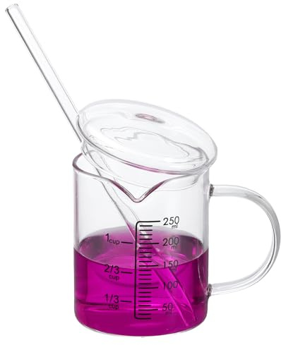 PATIKIL 250ml Glass Measuring Cup, Borosilicate Glass Beaker Graduated Liquid Measure Cups with Glass-Lid Straw V-Shaped Spout for Kitchen Drinking Restaurant, Black Printed Scale