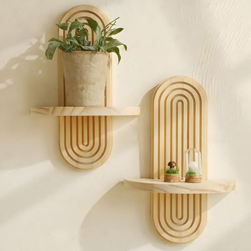 Wandregal Pflanzenständer 2 Stück, Holz Pflanzenregal für Wohnzimmer und Zimmer Pflanzen, Hängende Boho Blumenständer, Wanddeko Holz Regal Gewinde Design für Indoor Home Wand Balkon Decoration (B)