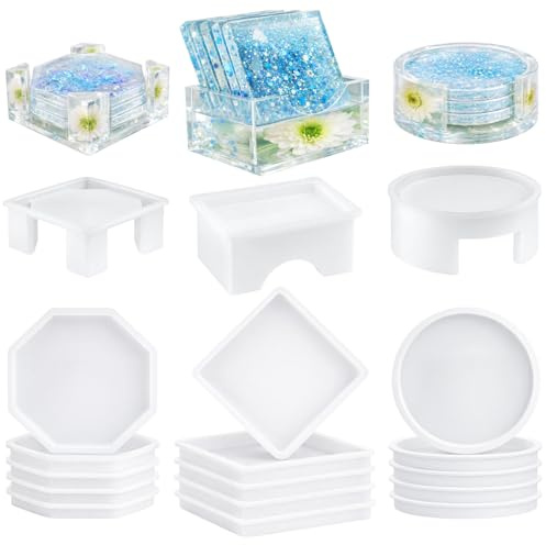 M.J COMFY-LIFE 18 Pcs Coaster Resin Moulds Silicone Coaster Molds for Epoxy Resin with Round Square Octagon Shape Holder DIY Art Craft Cup Mats Mould Making Kit for Home Decoration