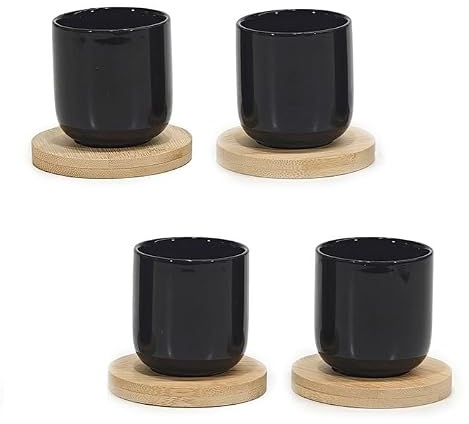 Box Set 4 Tazzine Caffè nere Moderne senza Manico con Piattino in Legno Bambù in Ceramica Capacità 9 cl per Espresso Casa e Bar Design Moderno Bicchierini Caffè Minimalisti
