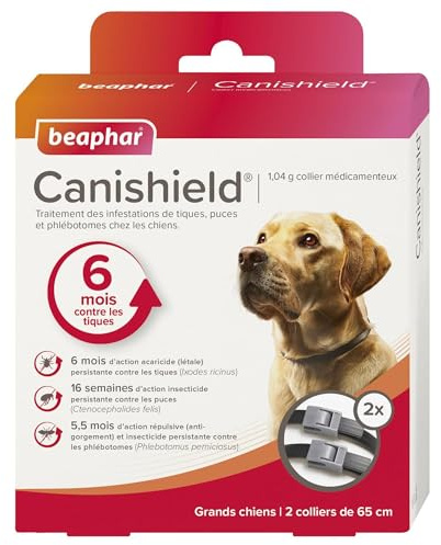 Beaphar - CANISHIELD 1,04 g – Lot de 2 Colliers médicamenteux antiparasitaires pour Grands Chiens – Substance Active : Deltaméthrine - Agit Contre Les tiques, Les puces et Les phlébotomes – 65 cm