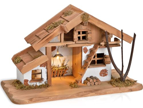 matches21 Home & HOBBY - Grande presepe in legno e vero legno con illuminazione a LED, 39 x 19 x 23 cm, colore: marrone/bianco