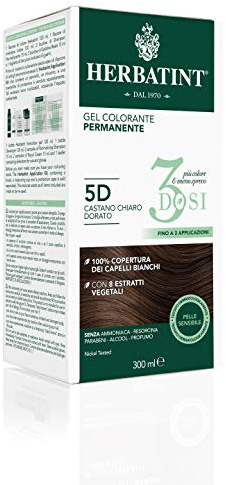 Herbatint Gel colorante permanente 3 dosis, 300 ml – 5D castaño claro dorado, sin amoniaco, para pieles sensibles, cobertura 100% para cabellos blancos, con 8 extractos naturales biológicos