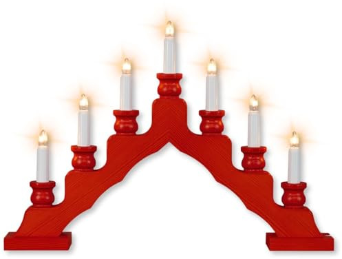 weigla - Schwedenleuchter original Erzgebirge I Trendiger Schwede ROT I LED I Schwibbogen Weihnachten I 7 Lampenkerzen + 1 Ersatzlampe I 7 x 34 V, 0,2 W, E10 I Weihnachtsdeko innen I Kiefernholz
