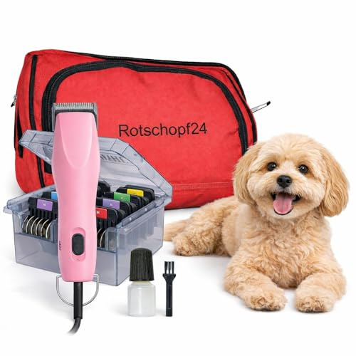 Rotschopf24 KM2+ Hundeschermaschine Pink. 8 Metallaufsteckkämme mit Tasche | Leistungsstarke Profi Tierschermaschine mit 8 Metallkämmen 3–25 mm für präzise Fellpflege. 2 Geschwindigkeiten!