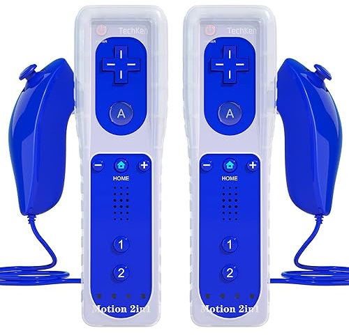 TechKen 2 Pièce Manette de Wii avec Manette Nunchuck,Contrôleur de Wii Télécommande Controller pour Wii Remote Motion Plus Intégré avec Contrôleur Nunchuk Étui en Silicone Dragonne pour Wii