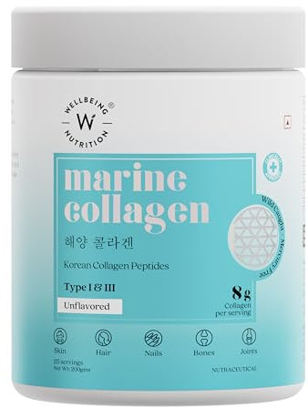 Wellbeing Nutrition Pure Korean Marine Collagen Peptides Powder | Hydrolysed Type 1 & 3 Collagen Protein and Amino Acids |Supports Healthy Skin, Hair, Nails, Bone & Joint, Non GMO, Unflavoured - 200g