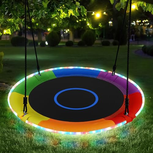 Trekassy 700lbs 40 Saucer Tree Swing for Kids Adults Outdoor with LED Lights, 2 Tree Hanging Straps-Rainbow