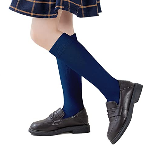 Marchare Calzini alti al ginocchio per bambine, uniformi scolastiche, in cotone, senza cuciture, confezione da 3/6, Blu marino, 3 paia, 7-10 Years