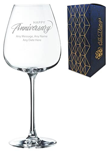 Personalised Engraved Happy Anniversary Wine Glass, Any Message, Any Date, 12oz/354ml Modern Cepages Wine Glass, Script Design, Laser Engraved in The UK