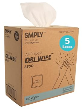 Dri-Wipe S800 by SMPLY Brands – Heavy-Duty Disposable Wipes, 5 Boxes of 80 (400 Total Wipes), Strong Alternative to Shop Towels & Paper Towels, 8 x 14 Center-Pull Sheets