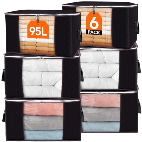Lifewit 6 Stück 90L Aufbewahrungstasche, Aufbewahrungsbox mit Deckel, Groß Kleideraufbewahrung Umzugskartons, Faltbare Aufbewahrung Boxen für Bettdecken Kleidung Unterbett Kleiderschrank, Schwarz