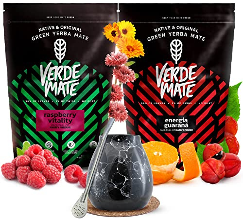 Verde Mate Green set : 2x maté vert brésilien avec calebasse céramique | Set Verde Mate Green avec deux mélanges de maté vert brésilien fruités et une calebasse en céramique motif marbre de 300 ml