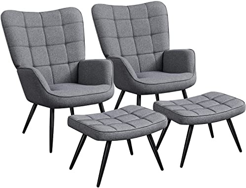 Yaheetech Set med 2 relaxfåtölj med pall ryggstöd vintage retro fåtölj stoppad fåtölj öronfåtölj för vardagsrum mörkgrå