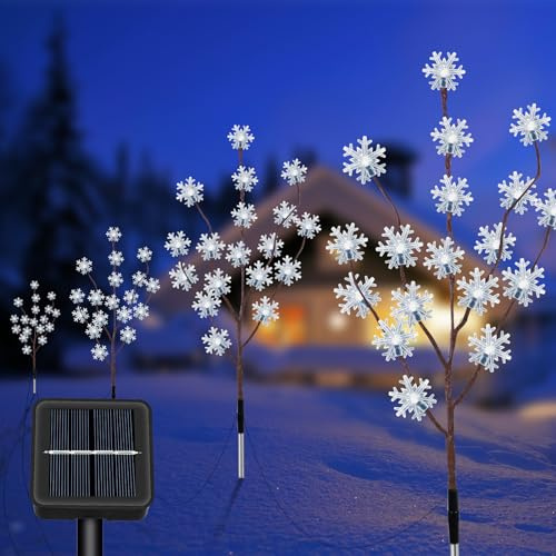 Solarleuchten für den Außenbereich, Garten, Schneeflocke, Zweige Lichter, 4 Stück, 80 LEDs, Weihnachtswege, wasserdicht, 8 Modi, Gartendekoration, Weihnachtsschmuck für Weg, Zaun, Hof, Landschaft
