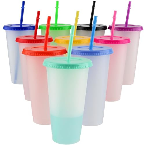 DAKFOOK 10 Stück 710 ml Farbwechselbecher mit Deckel und Strohhalmen, mehrfarbiges Kunststoffbecher-Set, kalte Trinkbecher für Party und Reisen