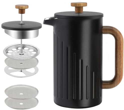 Rorence Cafetière à piston isotherme de 1 l en acier inoxydable, à double paroi isolée, avec poignée en bois et tête de pilon, cafetière avec filtres de rechange et instructions (français non