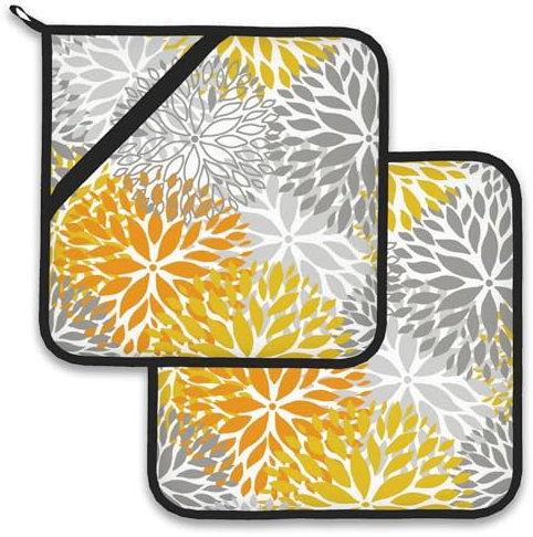 Topflappen, Dahlie, hitzebeständig, für Küche, Kochen, Backen, Grillen, Gelb, Grau, 2 Stück