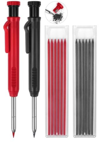 2 Pack Carpenter Pencils Mechanical Pencils with 12 Refills, Construction Pencils with Built-in Sharpener, Long Nib Deep Hole Pencil Marker, Heavy Duty Woodworking Pencil for Architect (2 Colors)