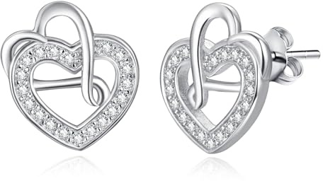 Kingwhyte hjärta örhängen 925 sterlingsilver dubbelt hjärta infinity örhängen gnistrande kubisk zirkonia örhängen hjärta smycke födelsedagspresenter för kvinnor flickor, Sterlingsilver, Kubisk