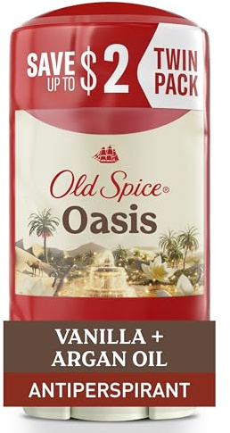 Old Spice Dry Feel Antiperspirant Deodorant for Men, 24/7 Freshness, 24/7 Sweat & Odor Protection, Gentle on Skin with Skin Conditioners, Oasis with Vanilla + Argan Oil Scent, 2.6 oz (Pack of 2)