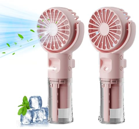 Xevinas Handventilator Mit Wasser | Tragbarer Handventilator USB Wiederaufladbar | Hand Fan Mit 4 Geschwindigkeiten | 800 MAh Powerbank Batteriebetrieben Max 12 Hrs Runtime Taschenventilator (Rosa*2)