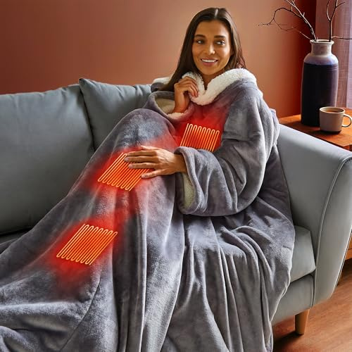 Silentnight Luxury Snugsie USB Heated Wearable Blanket - Supersized with Built-In Sleeves and Foot Pocket Cosy Blanket - Sherpa Fleece Interior Top to Toe Snuggly Warmth - Machine Washable, Charcoal
