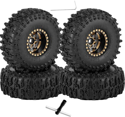 RcarmubWow RC 1.0 Beadlock Wheels and Tires for RC Crawler 1/18 TRX4M,1/24 SCX24,Brass 1.0 Beadlock Wheels RC Rims w/ 1.0 Beadlocks Tires Soft Sticky Rubber Tires,4pcs,Style C