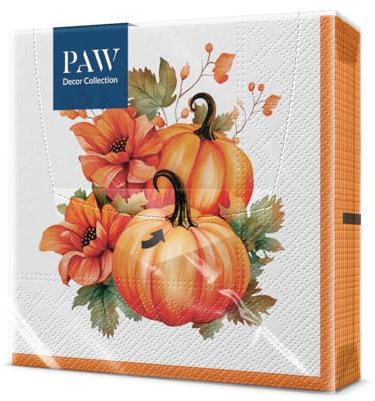 PAW - Servietten 3-lagig (33 x 33 cm) I 20 Stück I Perfekt für Geburtstag, Partys, Meetings I Herbst Tischdekoration I Bunte Papierservietten - Kürbis Blätter Bouquet I Pumpkin With Flowers