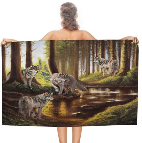Strandtücher, Aquarell Baum Tier Wolf Strandlaken Mikrofaser Duschtücher Tragbares Saunahandtuch Für Picknicks Fitness Damen 80X130Cm