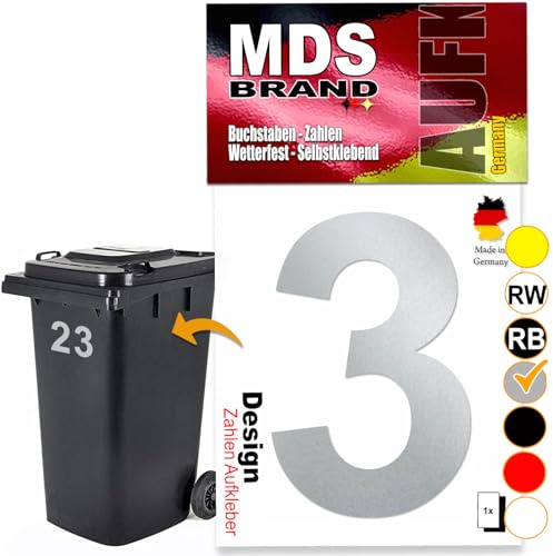MDS Brand Design 15cm Zahlen Aufkleber Selbstklebende Klebezahlen für Briefkasten, Mülltonne & Hausnummeren Aufkleber für Außen & Innen, D-15 (Silber, 3)