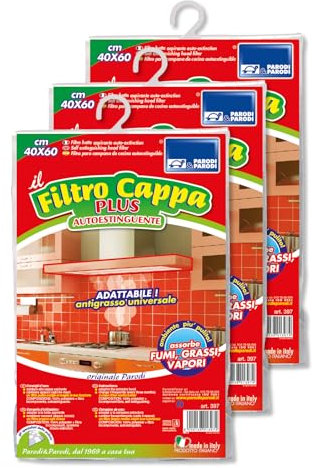 PARODI & PARODI - Filtro Cappa Cucina Autoestinguente Kit 3 Pz, Filtri Aspiranti Assorbi Fumi, Grassi, Vapori Ritagliabili 100% Poliestere Anti Fiamma Universale per Ogni Cappa, Accessori Cucina 40x60