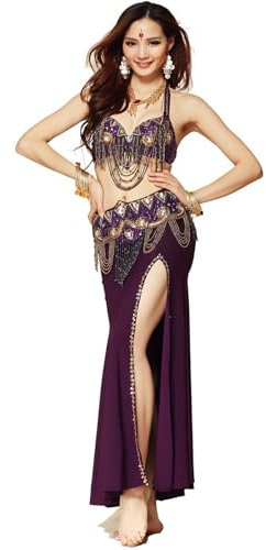 Baisdan Bauchtanz Kostüm Damen Set Top Rock und Hüftschal Kostüm Karneval Halloween Lila M