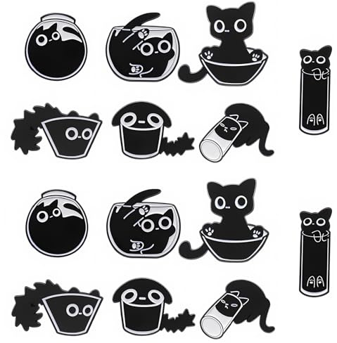 14 Pines de Pin, Gatos Negros Esmalte Pines de Solapa Pines Animales Broche Lindo Dibujos Animados Gato Insignia para Hombres Mujeres