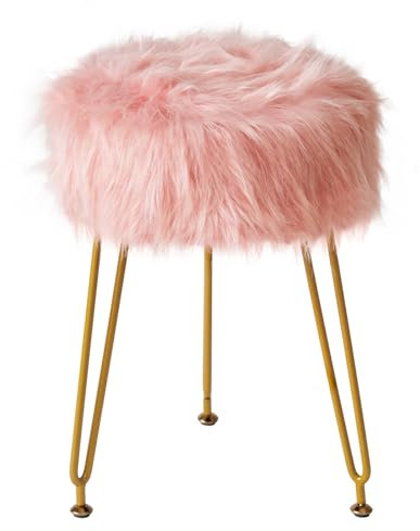 IBUYKE Faux Fur Vanity Stool Chair, Furry Makeup Stool Ottoman for Dressing Table, Soft Padded Seat, Round Footrest Footstools with 4 Metal Legs, for Living Room Bedroom Entryway, Pink LG-32P