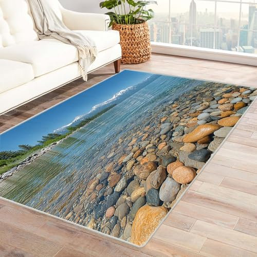 AMXBZC Wohnzimmerteppich mit Soft-Touch-Kurzflor, Strand Steinteppich In & Outdoor Teppich Küchenteppich Terrassenteppich Muster Boho Moderne Deko - 180x270cm(blau)
